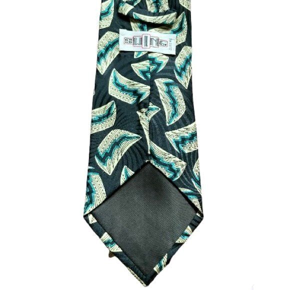 SWING Silk Vintage Bold Geometric Tie Black teal Beige 57 x 4 inches - Picture 3 of 8